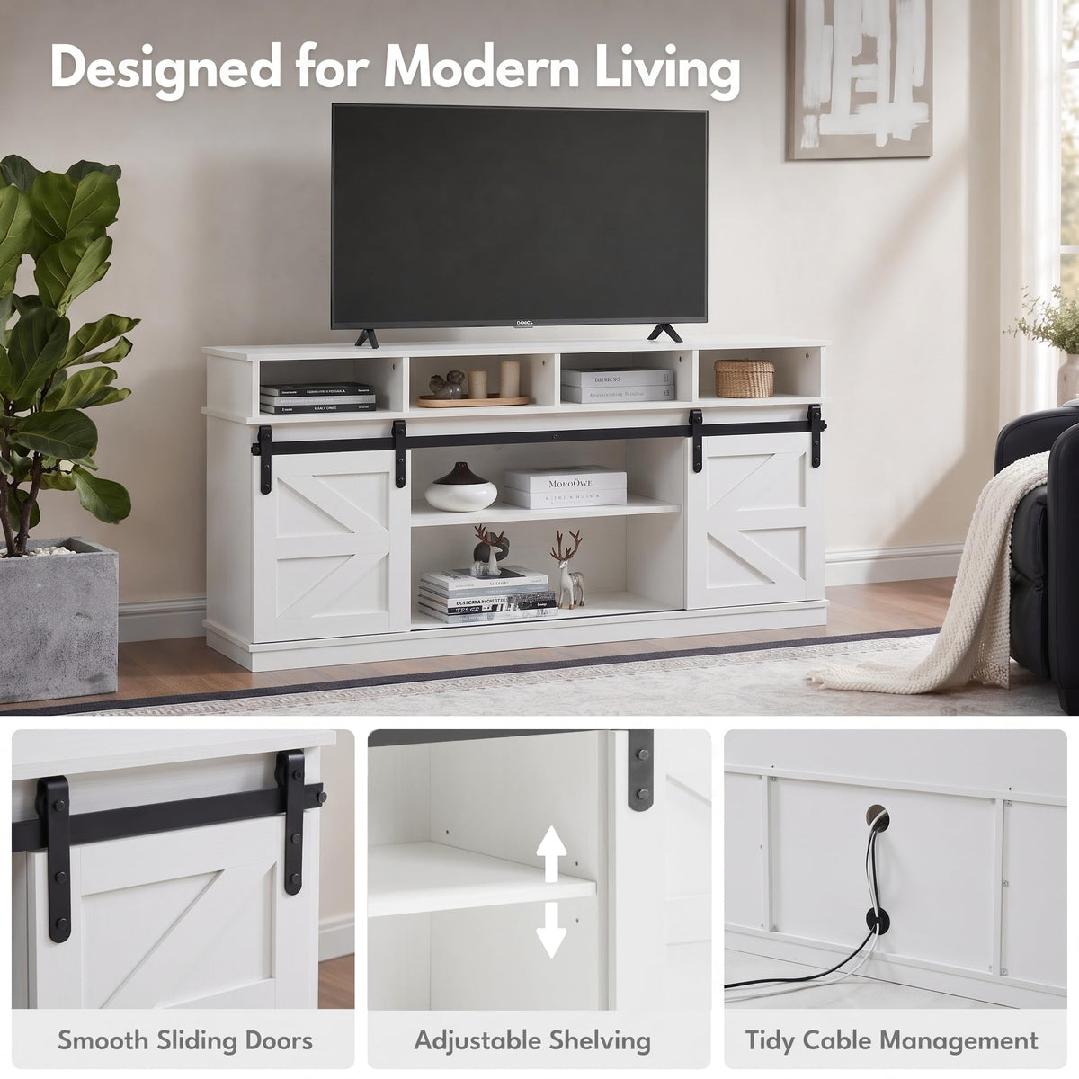 White 58" Farmhouse TV Stand with Sliding Barn Doors Z511167