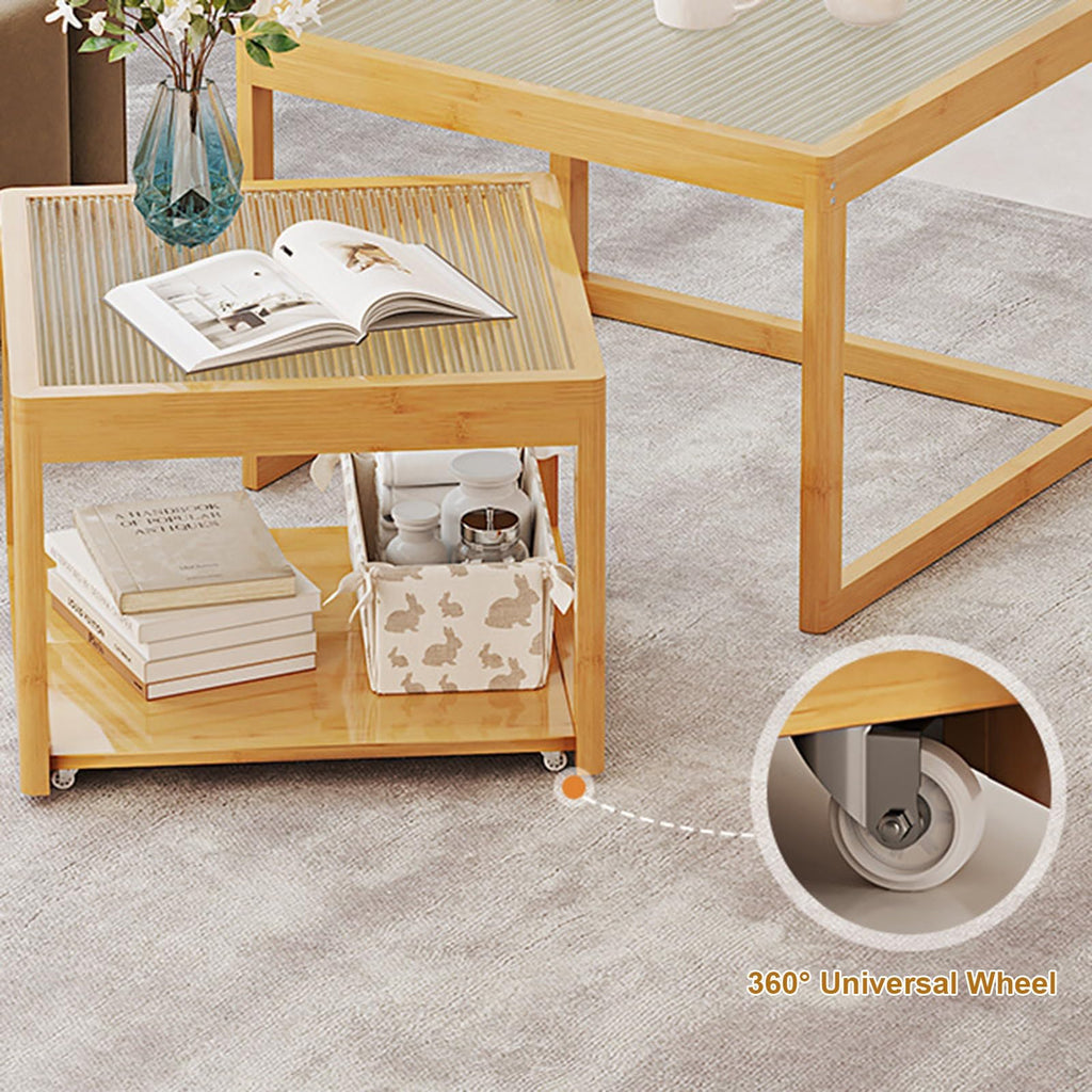 Set of 2 Square Glass Coffee Table with Bamboo Frame L16263
