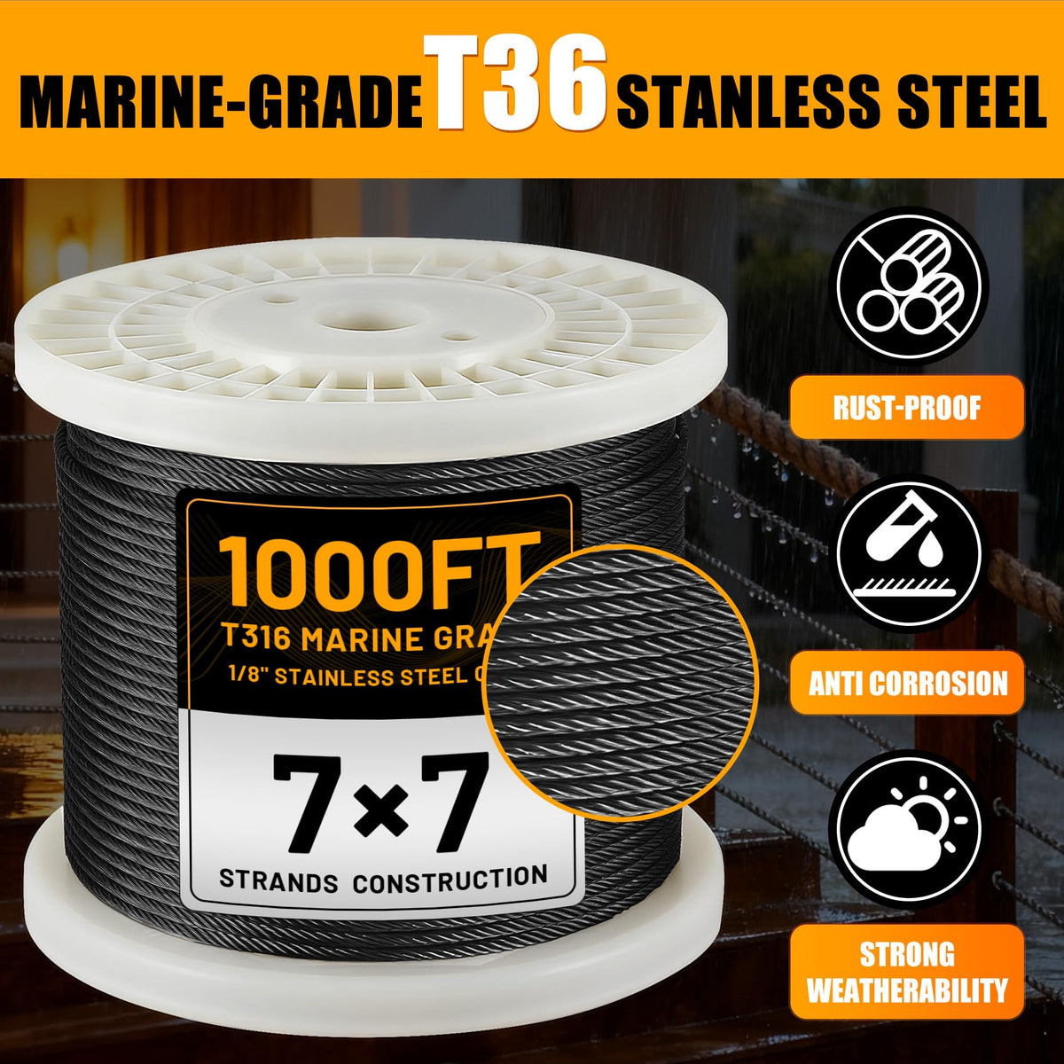 1/8" Stainless Steel Cable 1000FT T316 Wire Rope O94757