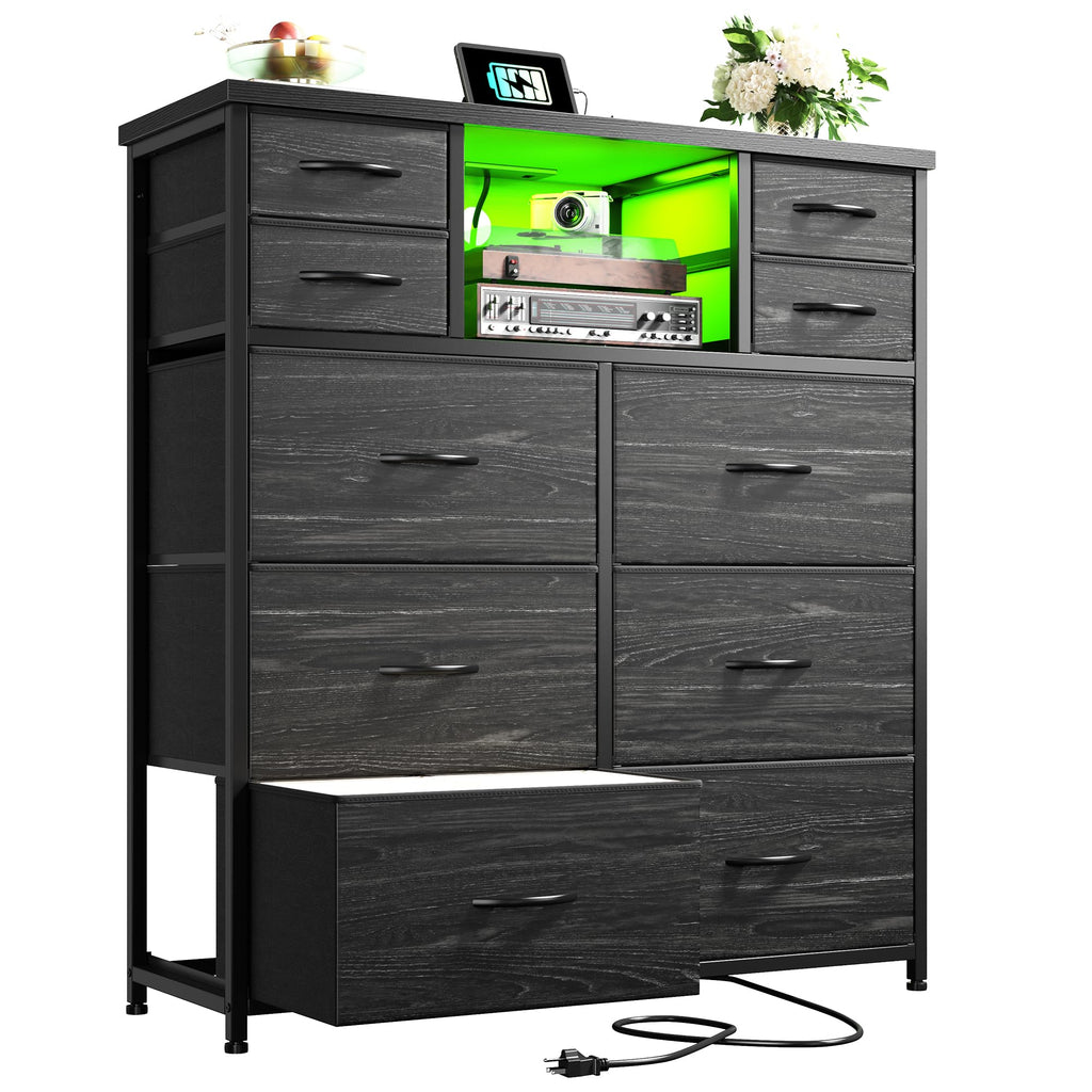 Black 10 Drawer Dresser with LED & Charging Station Q875461