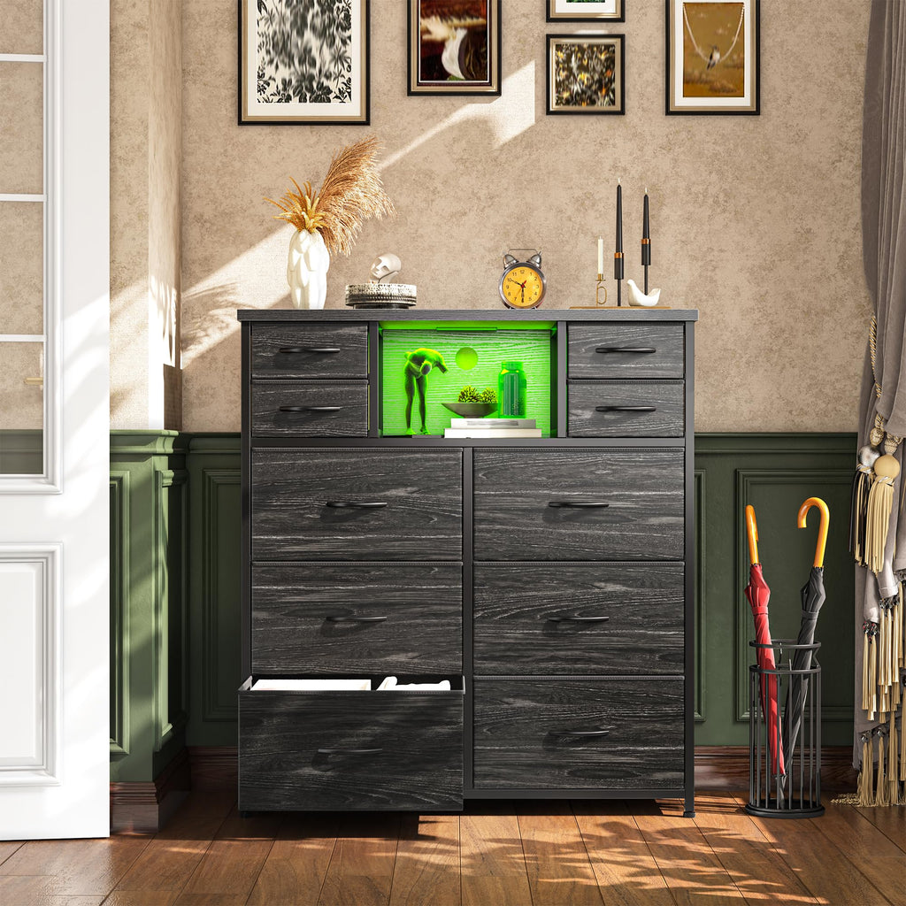 Black 10 Drawer Dresser with LED & Charging Station Q875461