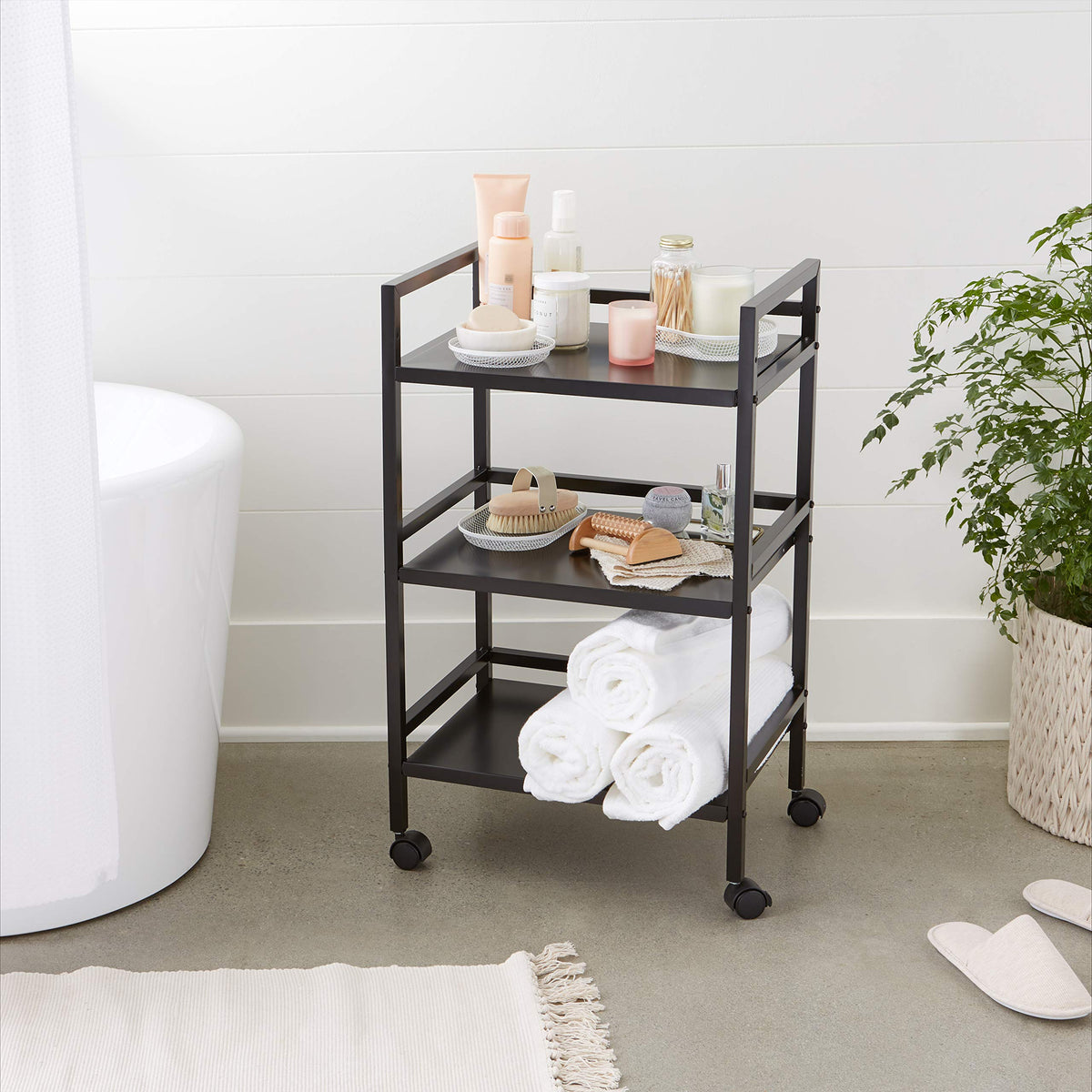 3-Tier Black Metal Rolling Utility Cart J763156