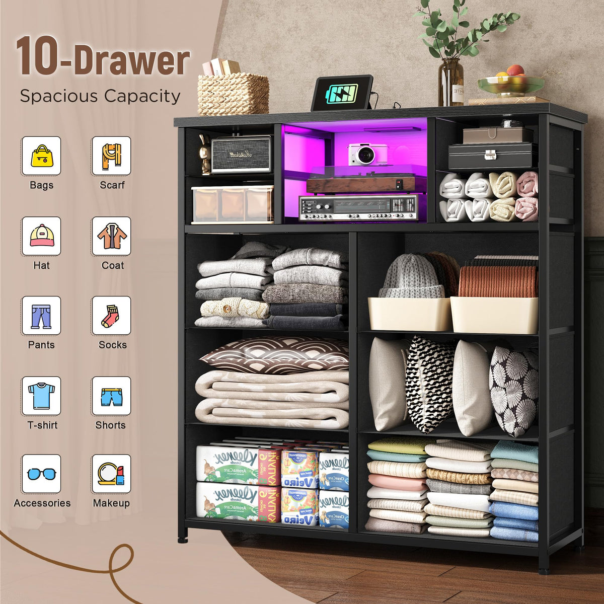 Black 10 Drawer Dresser with LED & Charging Station Q875461