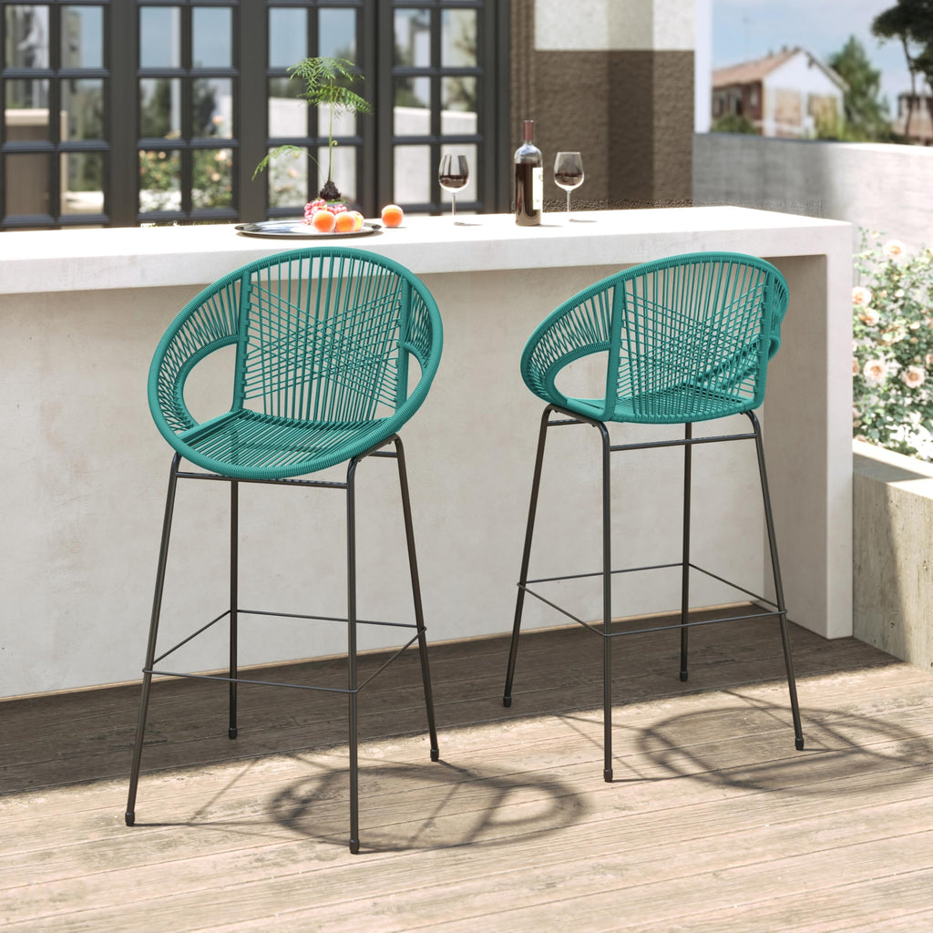 Teal Faux Wicker Outdoor Bar Stool Set of 2 P4344