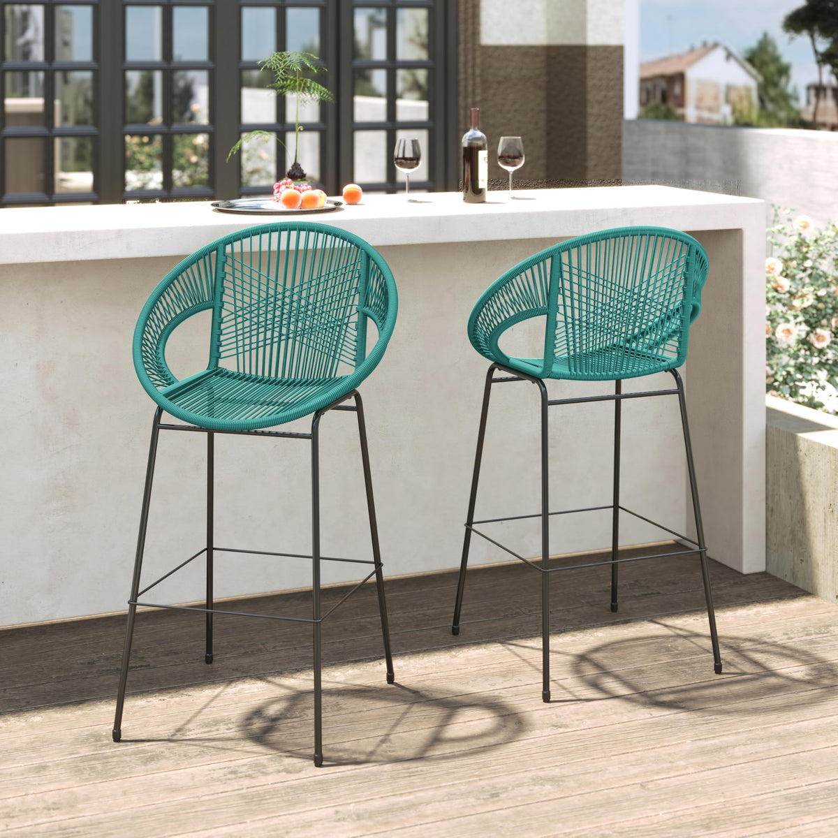 Teal Faux Wicker Outdoor Bar Stool Set of 2 P4344