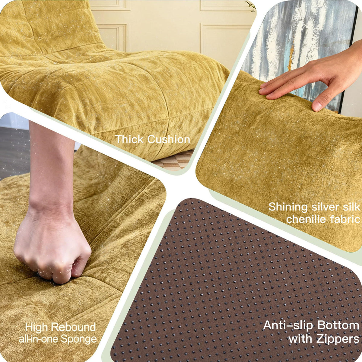 Yellow Chenille Bean Bag Chair with Memory Foam M915544