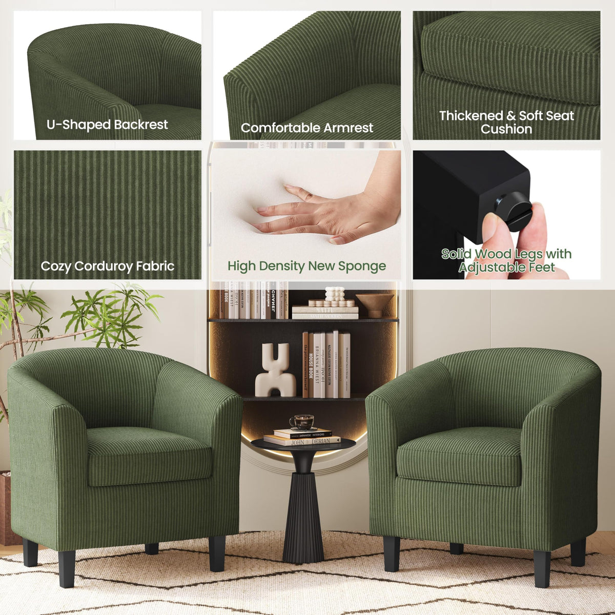 Corduroy Barrel Armchairs Set of 2 Dark Green A8031